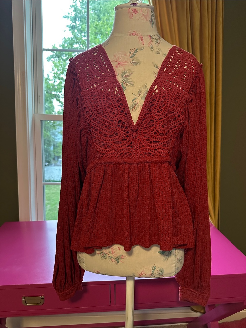Free People Deep Red Crochet V-Neck Peplum Blouse